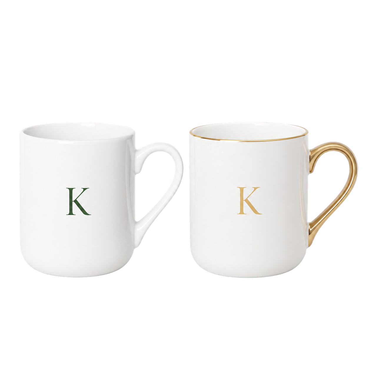 Klasyczny biały kubek oraz elegancki kubek ze złotym uchem i rantem z miejscem na logo