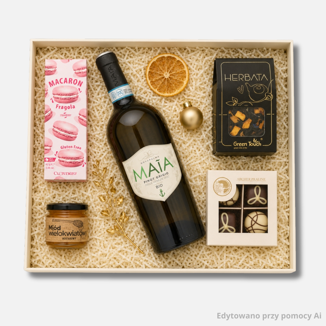 Zestaw prezentowy dla firm BIANCO Pinot Grigio Bio z winem MAIA, herbatą i słodyczami