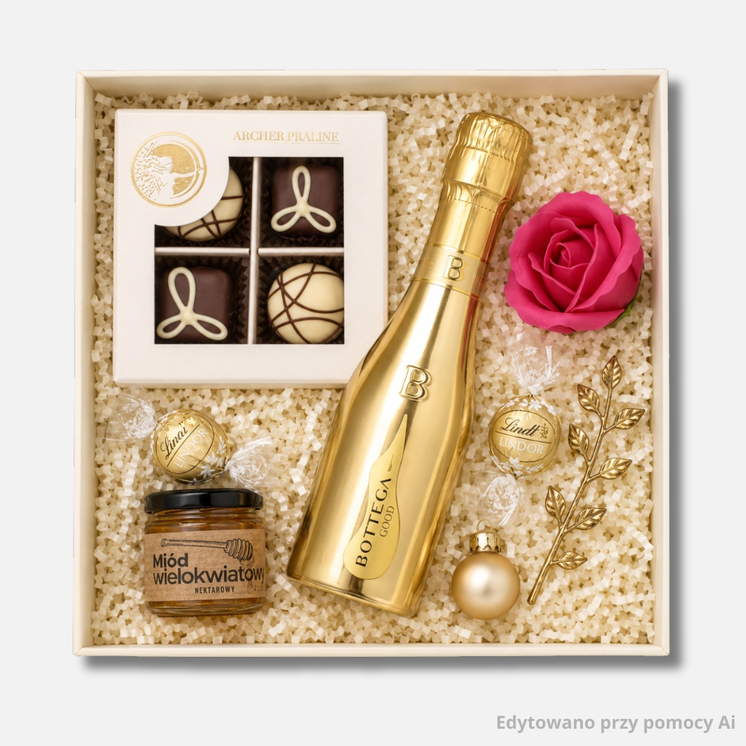 Jasny mały zestaw prezentowy dla firm NOËL Ivory Glow z Bottega Gold i pralinami