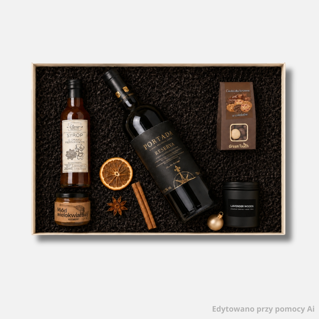 Świąteczny zestaw prezentowy dla firm NOËL Korzenny z winem Portada Reserva i świecą