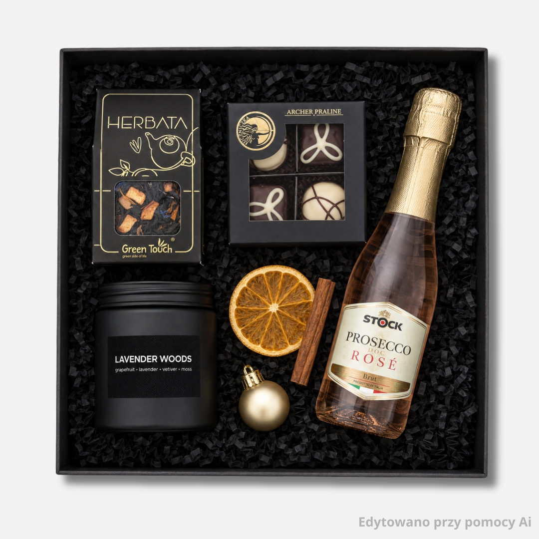 Mały czarny zestaw prezentowy dla firm NOËL Mini Rosé z prosecco, świecą i pralinami