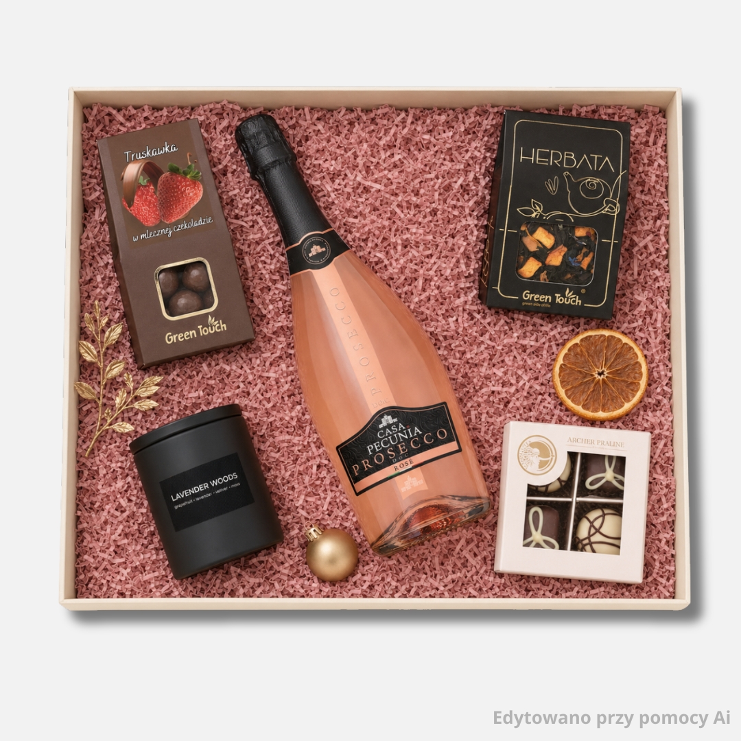 Zestaw prezentowy dla firm ROSÉ Casa Select z prosecco rosé, świecą i herbatą