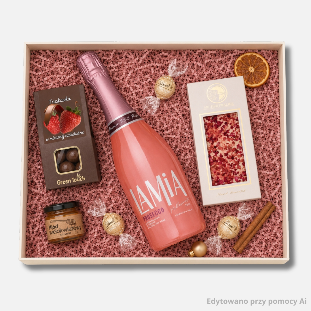 Różowy zestaw prezentowy dla firm ROSÉ Lamia z prosecco, czekoladą i truskawkami