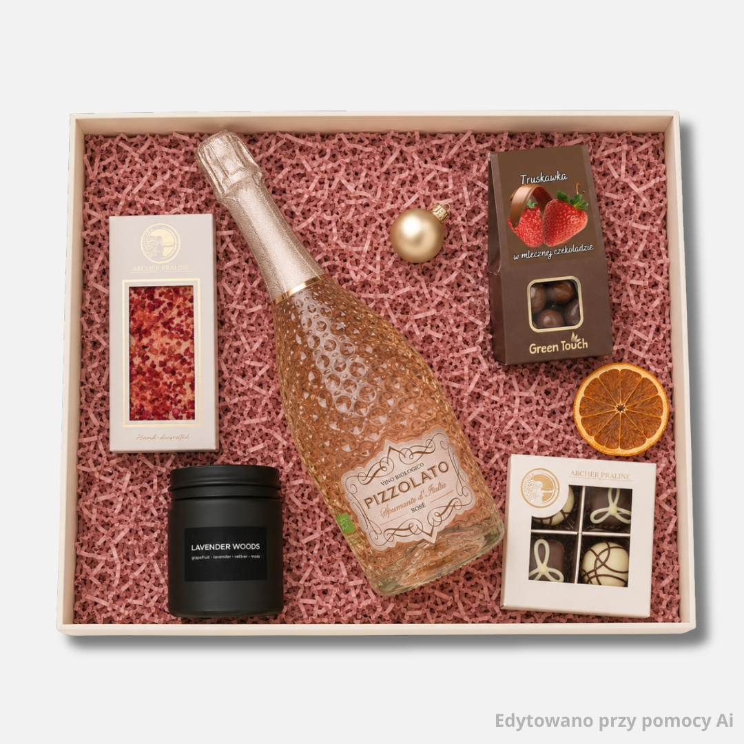 Różowy zestaw prezentowy dla firm ROSÉ Pizzolato Bio Premium z winem, świecą i słodyczami