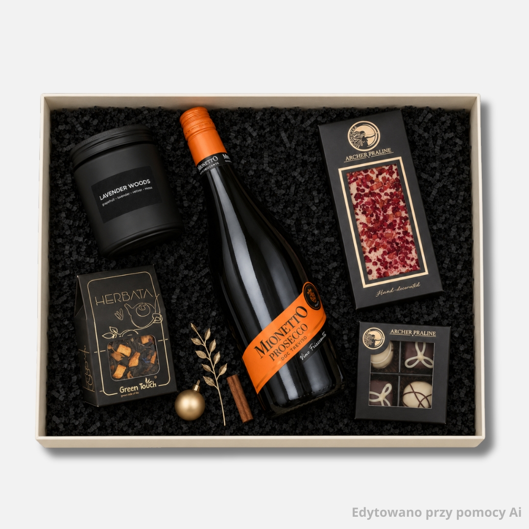 Zestaw prezentowy dla świadka Premium z prosecco Mionetto, świecą i słodyczami