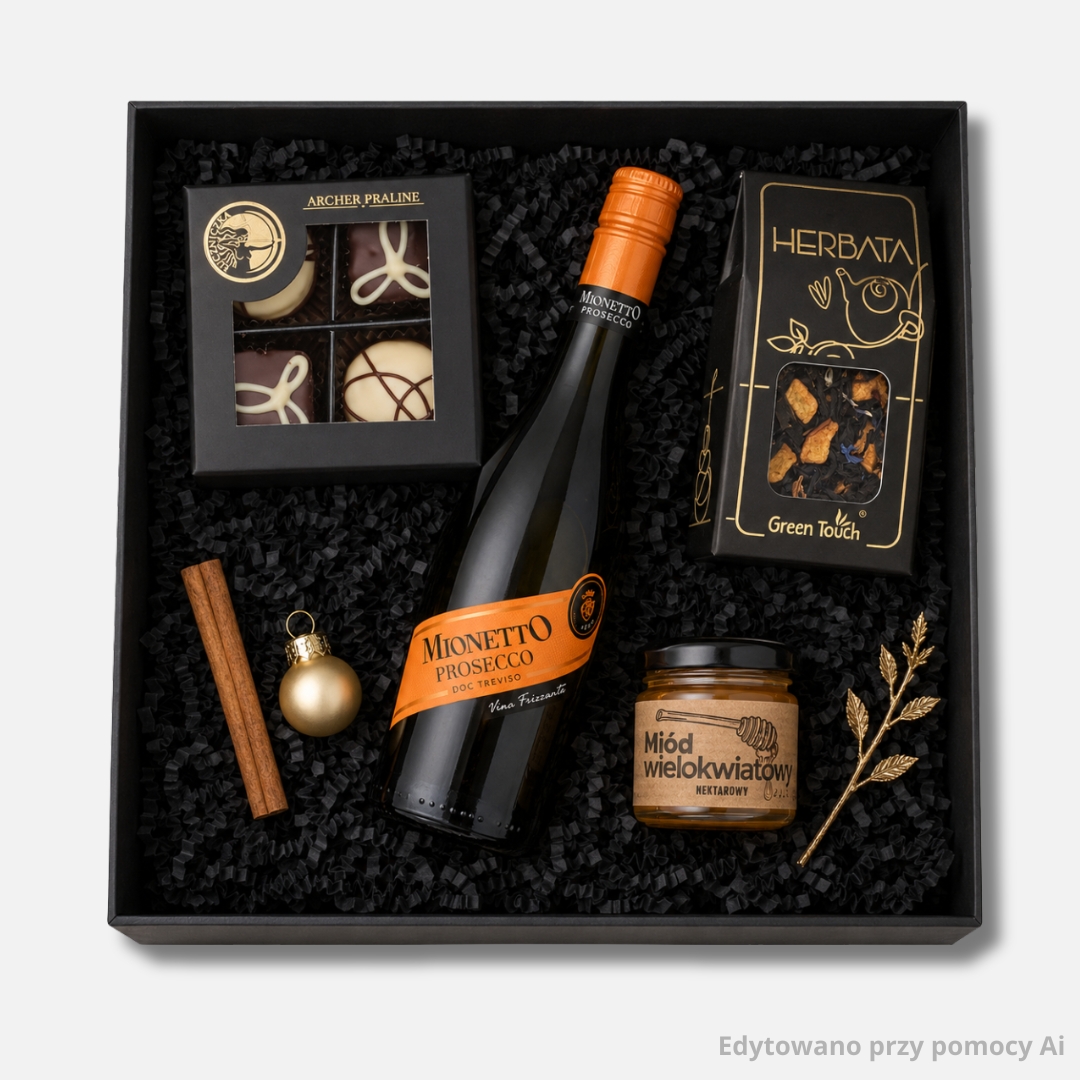 Czarny zestaw prezentowy dla świadka z mini prosecco Mionetto, herbatą, miodem i pralinami