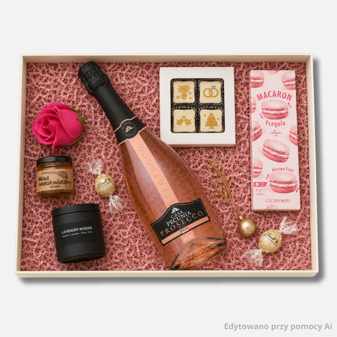 Różowy zestaw prezentowy dla świadkowej Premium z prosecco rosé, świecą i pralinami